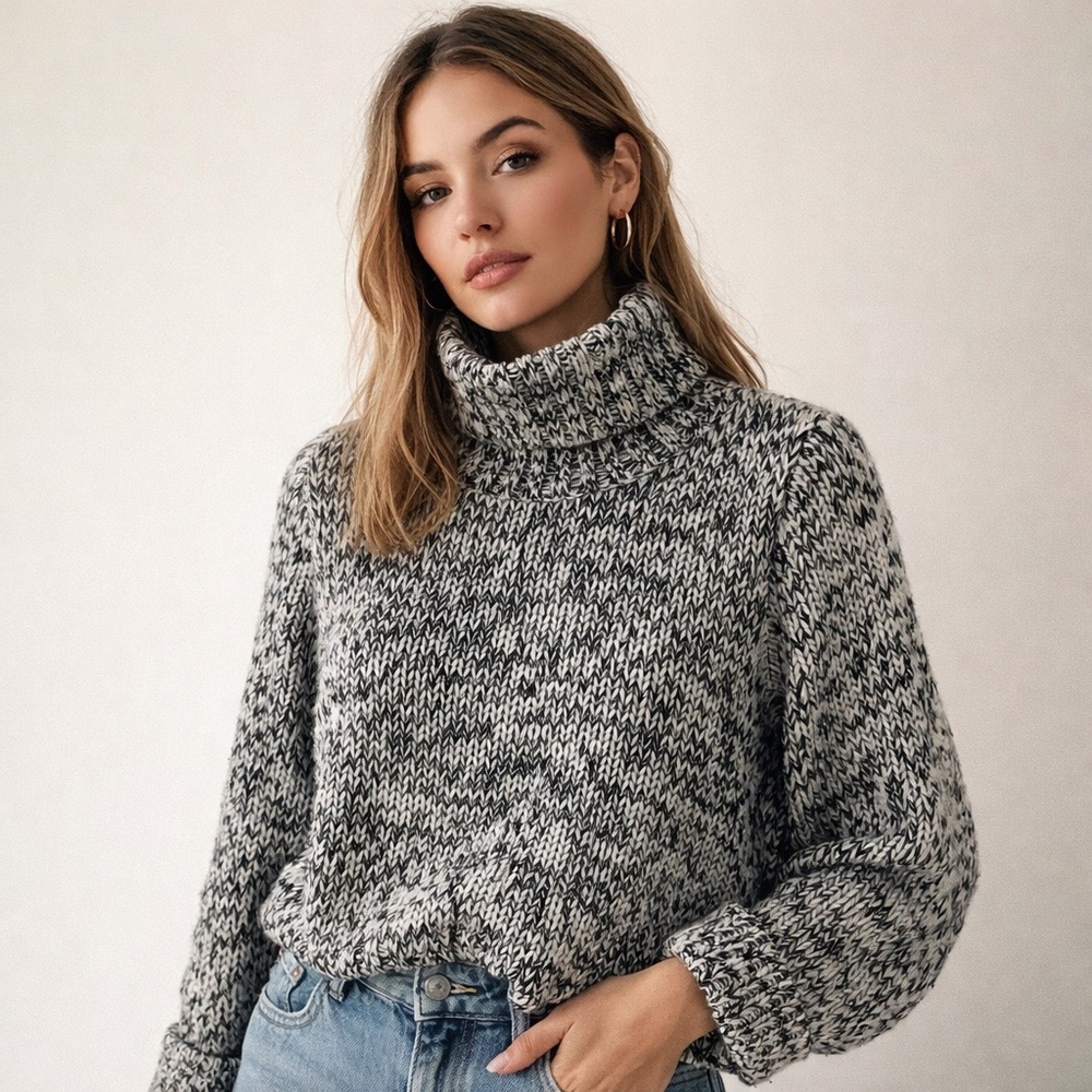 DKNY Vintage Heathered Black Lambswool Chunky Knit Turtleneck Sweater‎ Sz. L